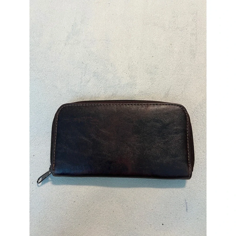 Unisex Dark Brown Faux Leather Zip Around Long Wallet with ID Window